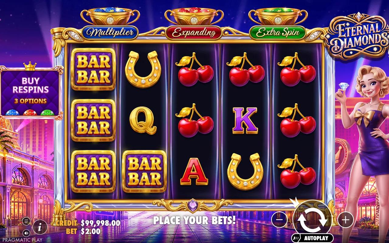 Eternal Diamonds slot 5x3 Vegas cabinet with three gemstone modifier pots above the reels and BAR and bell symbols