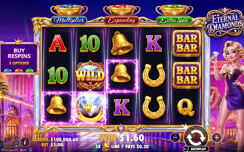 Eternal Diamonds 5x3 reels with Bells lined up through a diamond Wild on reel 2, and the Multiplier, Expanding and Extra Spin pots above the board