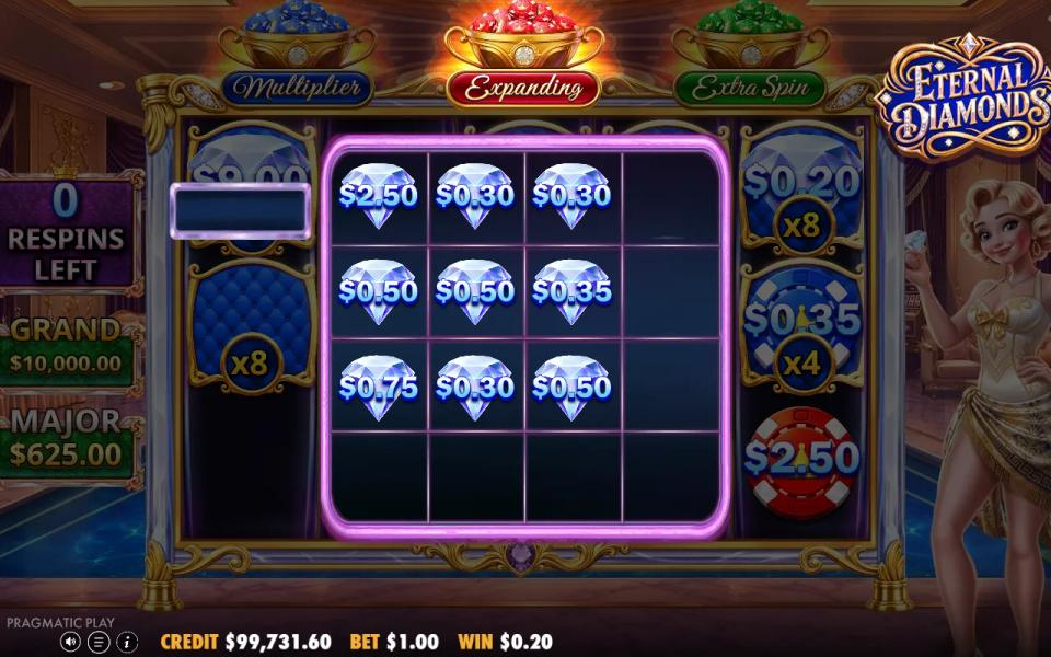 Eternal Diamonds Red Chip mini-game: a 3x3 grid filled with nine diamonds and a fourth column and row opening around it