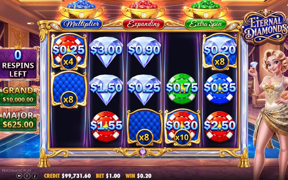 Eternal Diamonds respin board at zero respins left, with x4, x8 and x10 multipliers on filled cells and two x8 multipliers sitting on empty cells