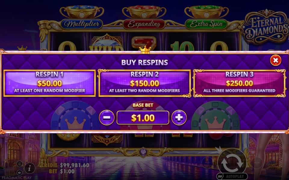 Eternal Diamonds Buy Respins menu with three options at 50x, 150x and 250x the bet, from one random modifier up to all three guaranteed
