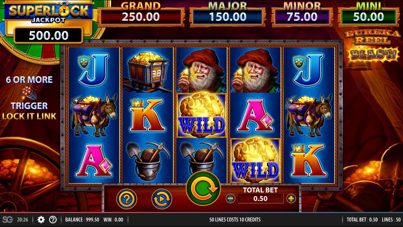 Eureka Reel Blast 5x3 gold-mine grid with stacked WILD symbols and the Superlock jackpot ladder