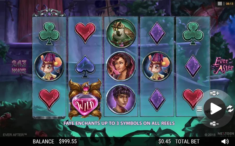 Ever After slot gameplay showing 5x3 243-ways grid with the Wild potion symbol and storybook character symbols