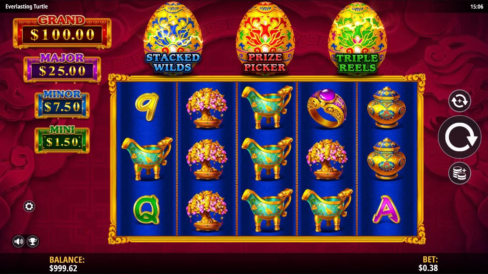 Everlasting Turtle slot gameplay showing the 5x3 grid with jade vessels, blossom trees and gold symbols beneath the three egg features and jackpot ribbon