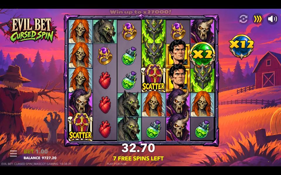Evil Bet Cursed Spin free spin with a green x2 orb on reel 6 and no winning cluster, the total multiplier badge still at x12