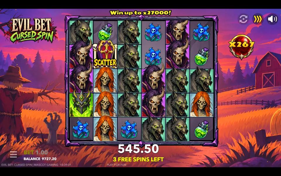 Evil Bet Cursed Spin free spins with the total multiplier badge turned red and reading x267, three free spins left