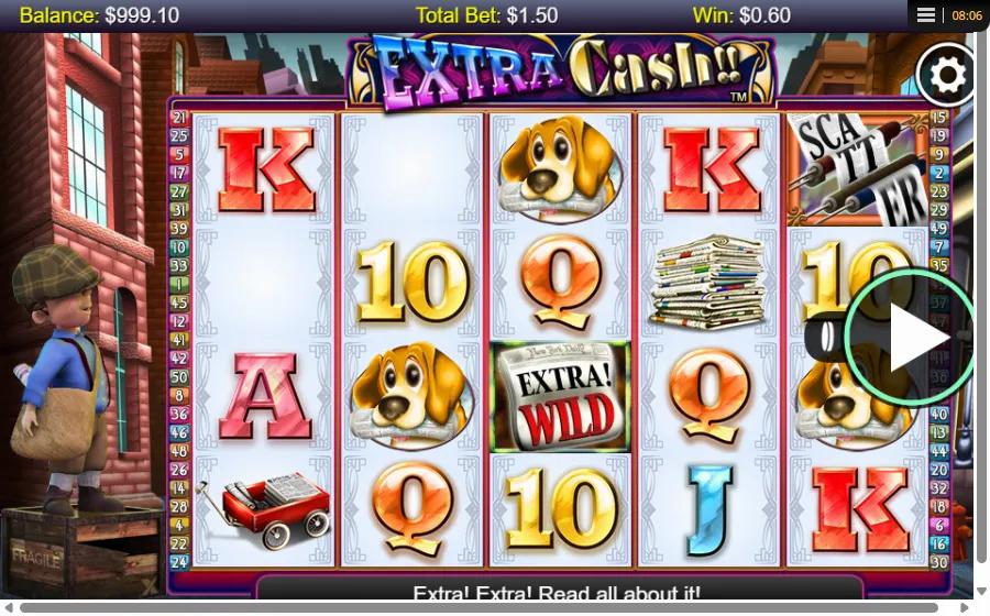 Extra Cash!! slot gameplay showing 5x4 grid with EXTRA WILD newspaper, rolled Scatter and paperboy on 50 lines