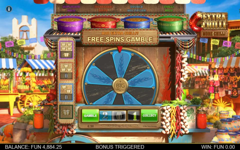 Extra Chilli More Chilli Free Spins Gamble wheel with gamble and collect buttons