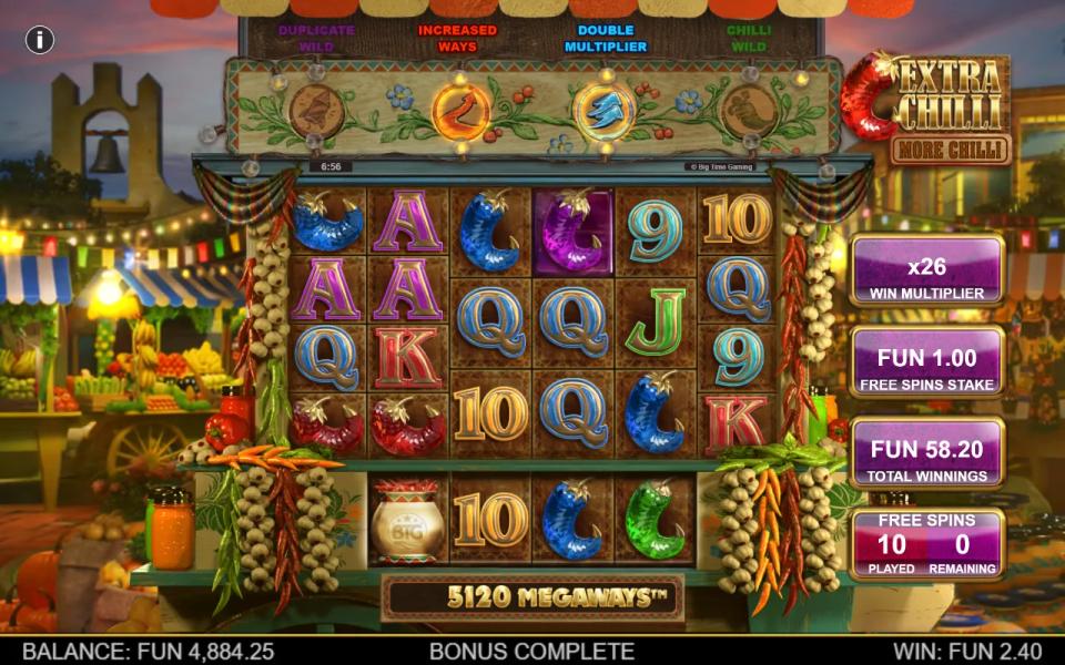 Extra Chilli More Chilli bonus round complete with a x26 win multiplier and total winnings