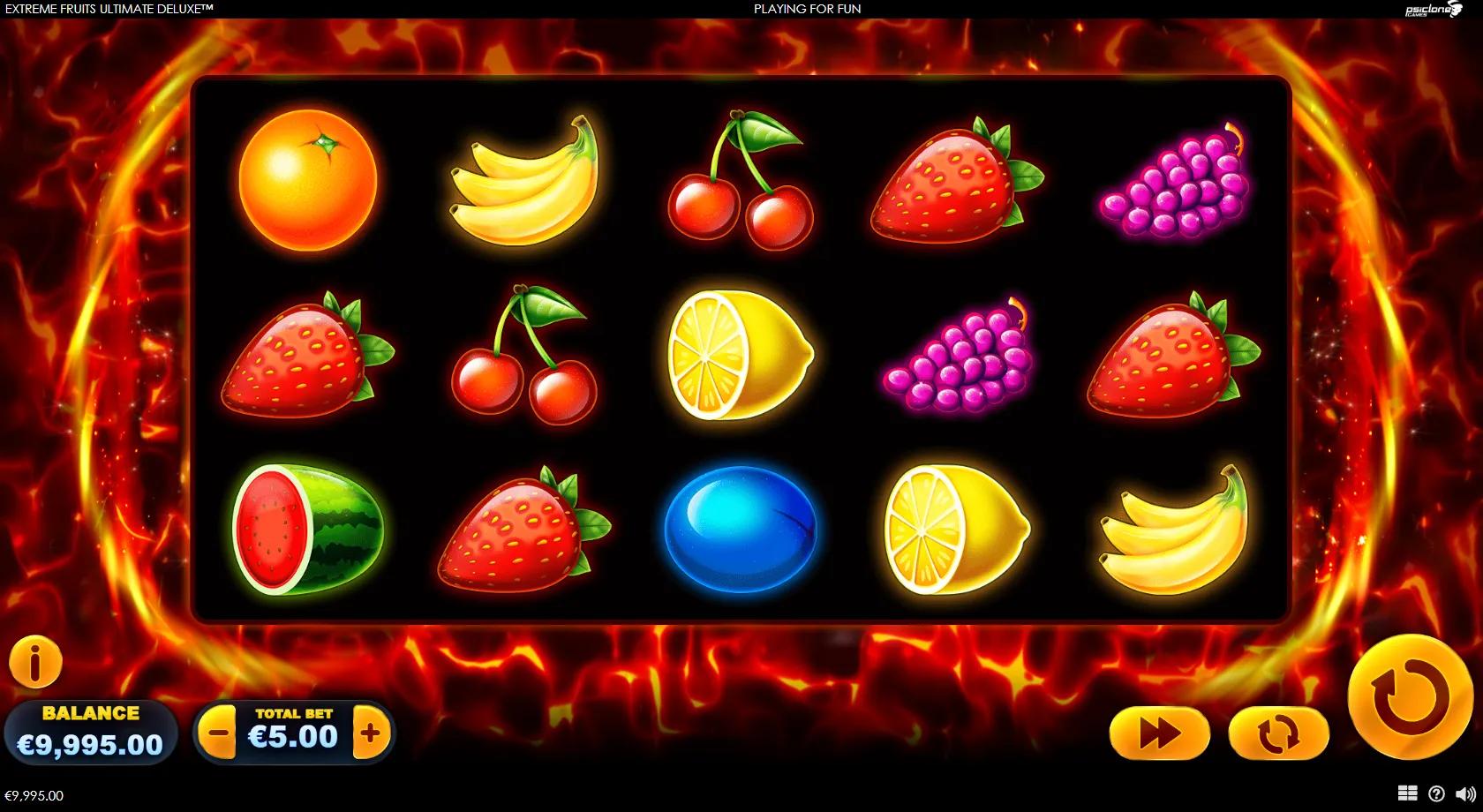 Extreme Fruits Ultimate Deluxe gameplay showing 5x3 fruit reels with a flaming ring and barrel Wild