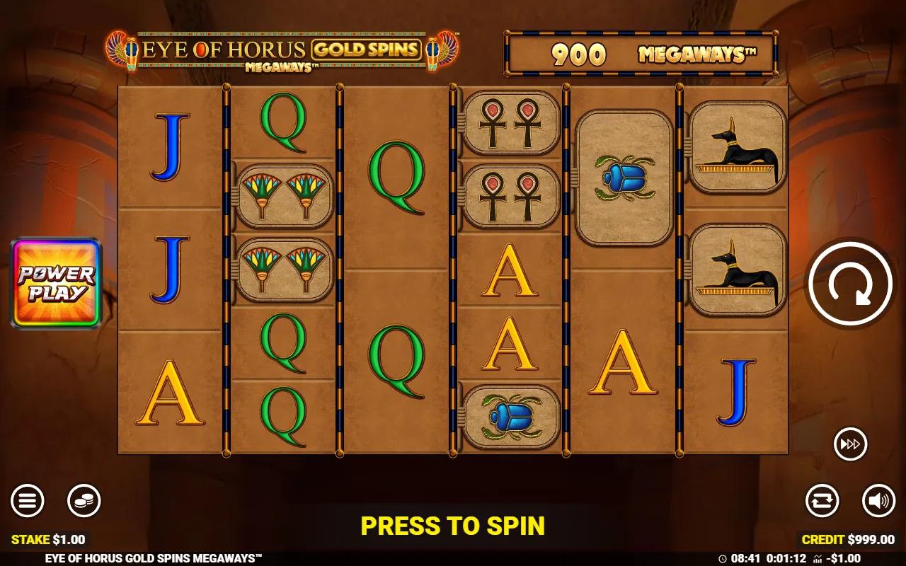 Eye of Horus Gold Spins Megaways slot 6-reel grid showing 900 Megaways with Anubis, scarab and ankh tablet symbols