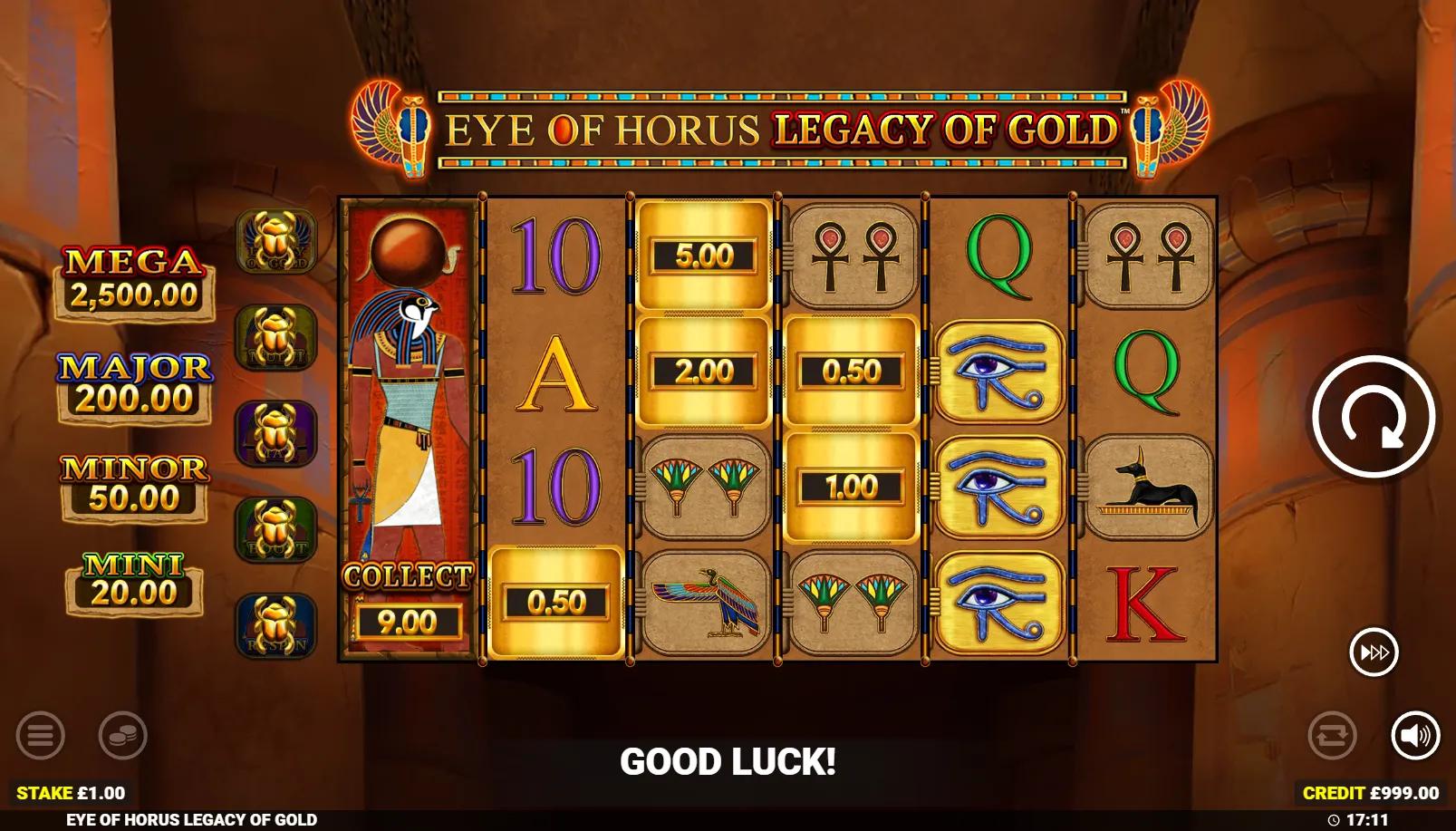 Eye of Horus Legacy of Gold slot showing 6x4 ways grid with Egyptian symbols, Cash Collect and 4-tier cashpot panel