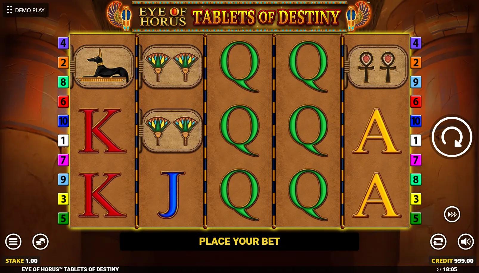 Eye of Horus Tablets of Destiny slot showing 5x3 Egyptian grid with expanding Horus Wild and tablet symbols