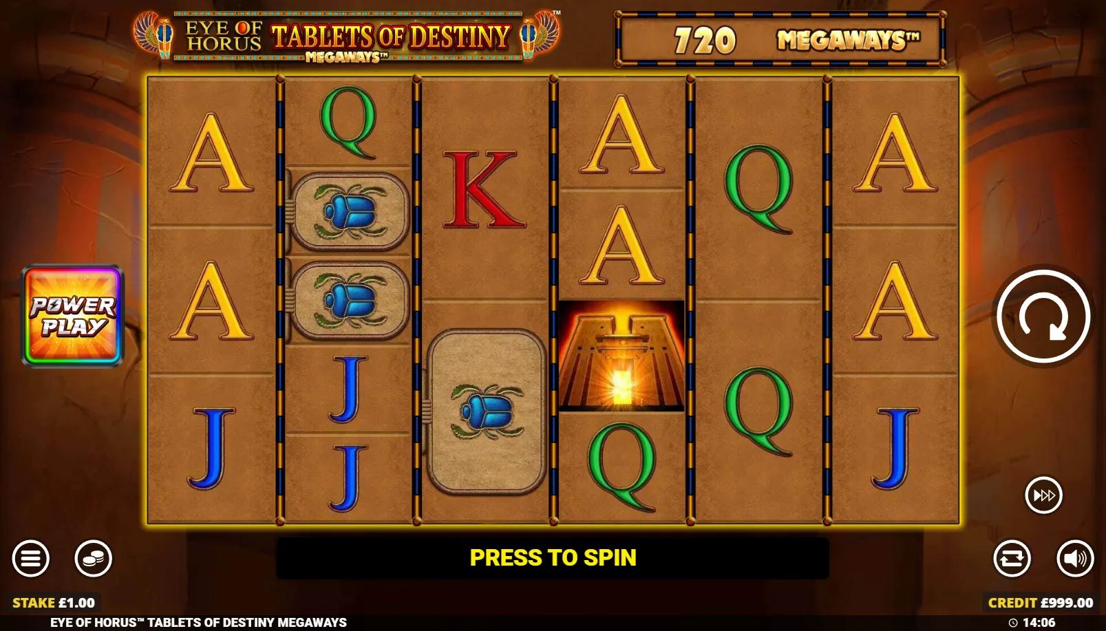 Eye of Horus Tablets of Destiny Megaways slot showing 6-reel Megaways grid with expanding Horus Wild and tablet trail