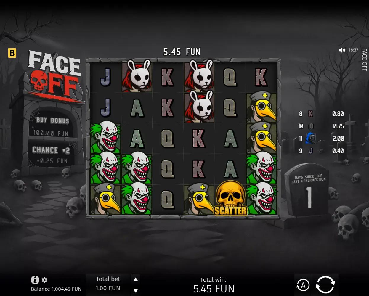 Face Off slot gameplay showing the 6x5 pay-anywhere grid with horror clown, plague doctor and skull scatter symbols