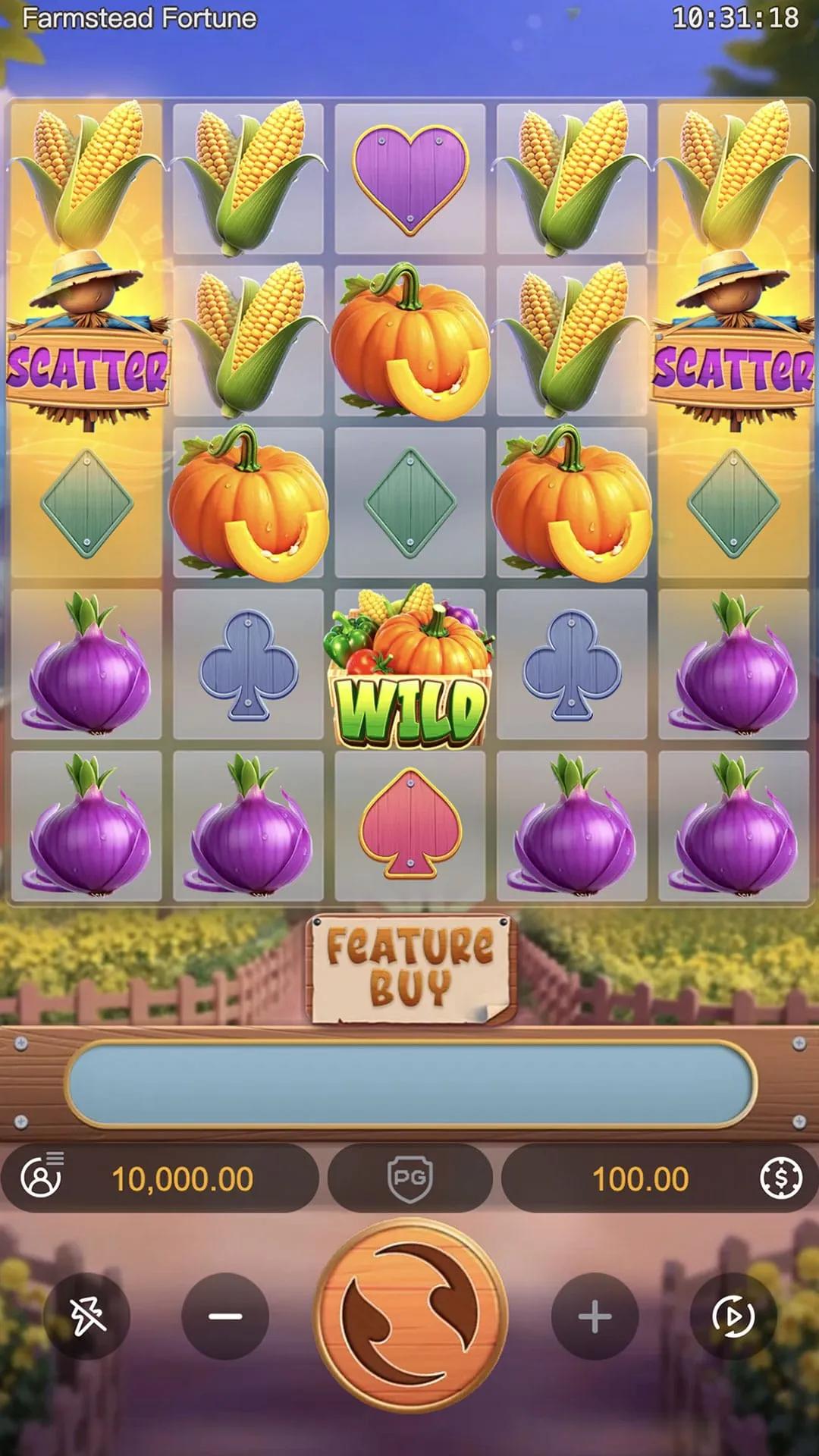 Farmstead Fortune slot 5x5 cluster grid with pumpkin, corn and onion symbols plus a crate Wild and two scarecrow Scatters