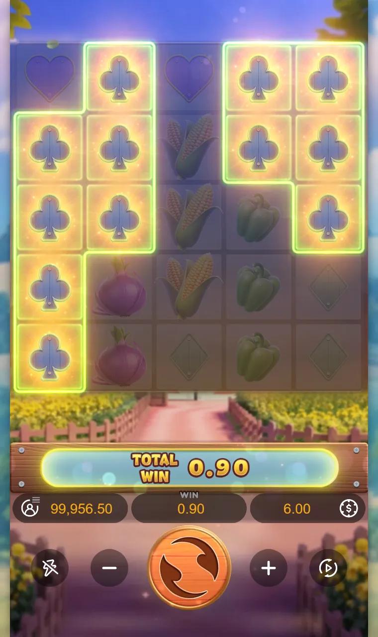 Farmstead Fortune 5x5 cluster grid paying two separate Club clusters on one base game spin