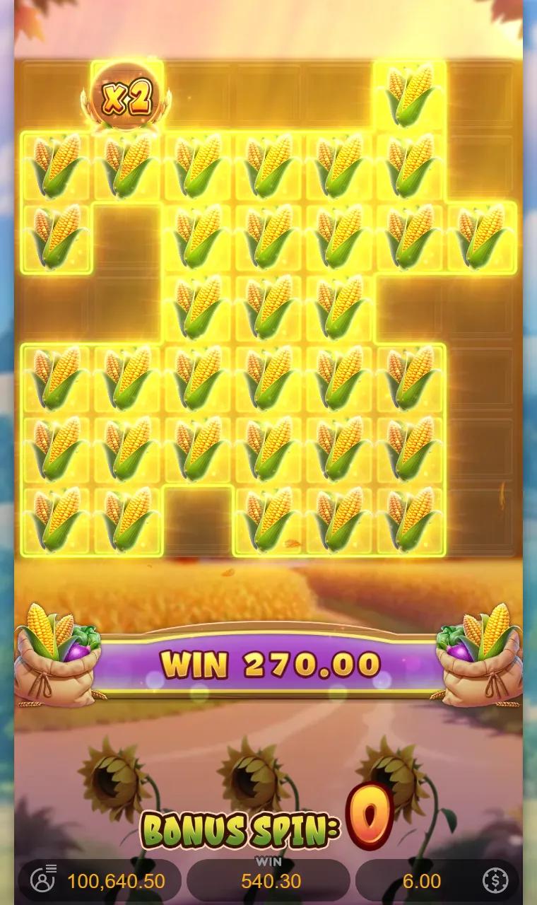 Farmstead Fortune 7x7 Bonus Feature grid with a large Corn cluster and an x2 multiplier disc in the corner