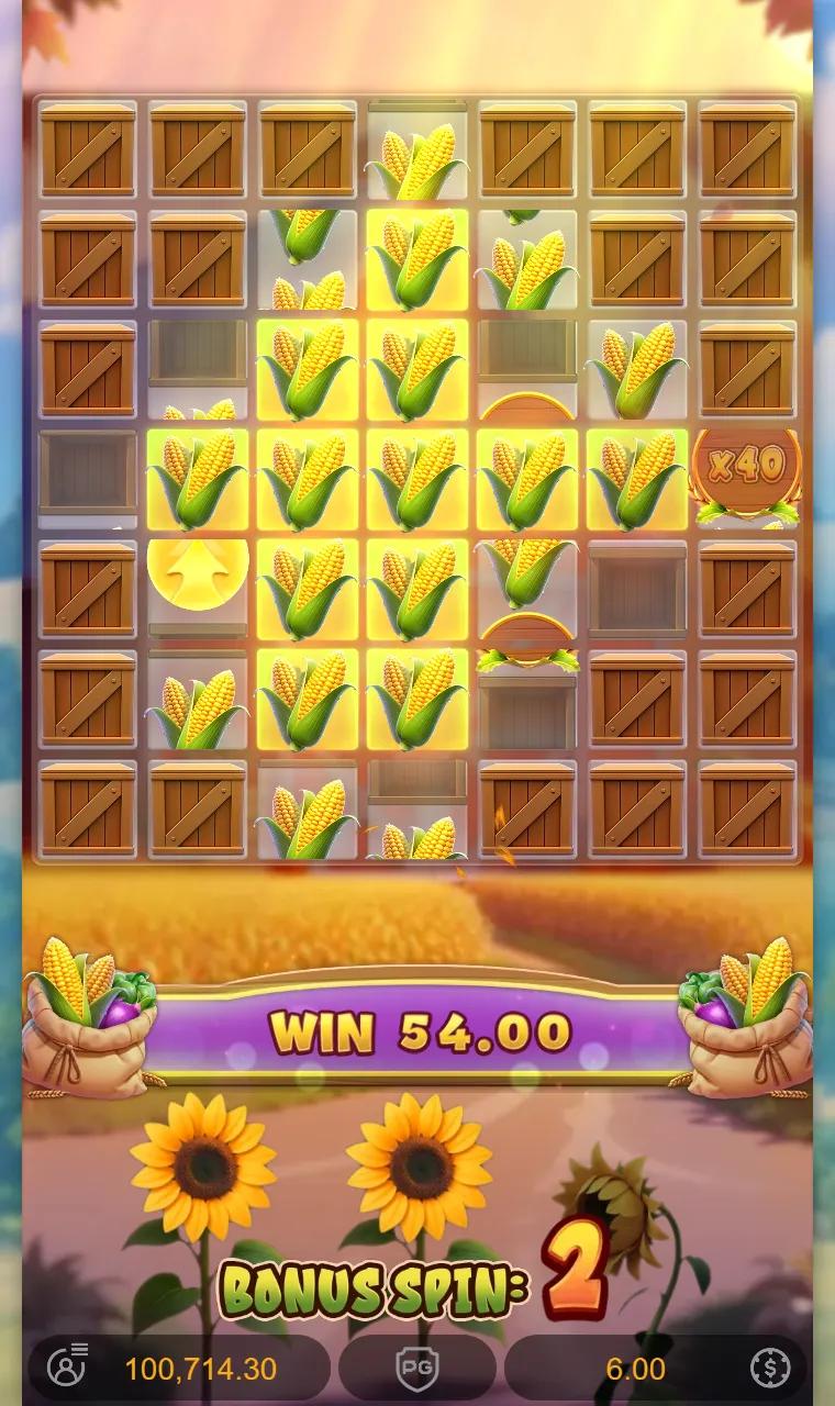 Farmstead Fortune 7x7 Bonus Feature with an x40 multiplier and a Level-Up disc on cells that are still spinning