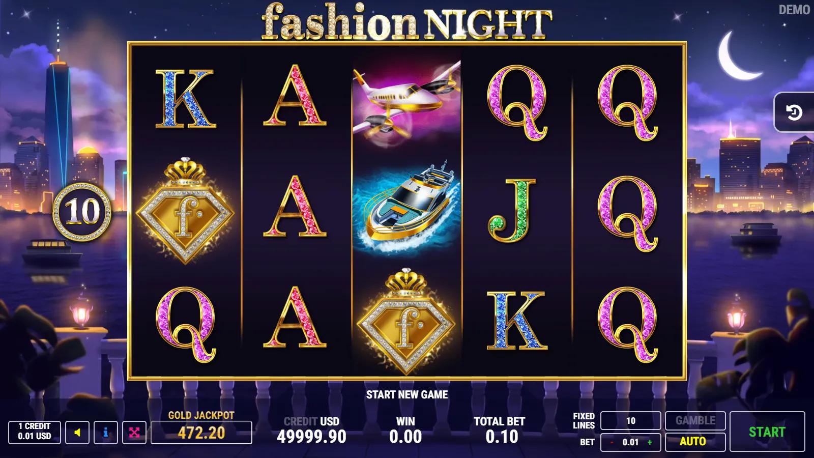 Fashion Night slot gameplay showing 5x3 luxury grid with f-monogram wild, fashion models, yacht, jet and 10 paylines