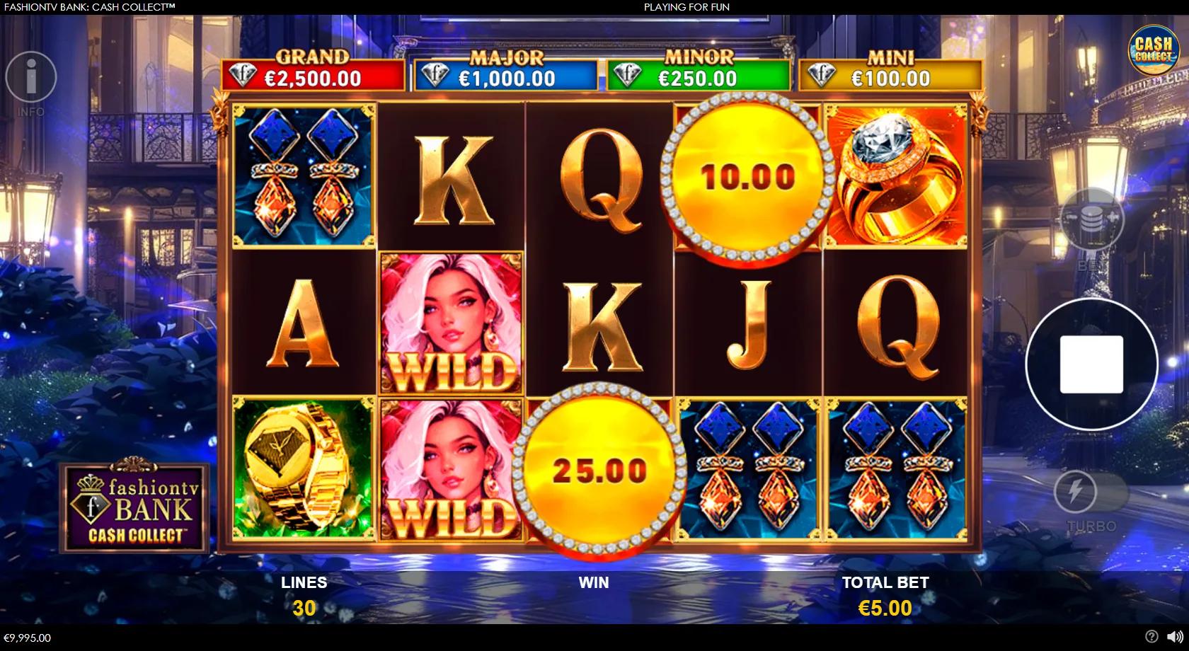 FashionTV Bank Cash Collect slot gameplay showing a 5x3 luxury-fashion grid with a model wild, gold cash coins, diamond ring, stiletto and watch symbols and four jackpots