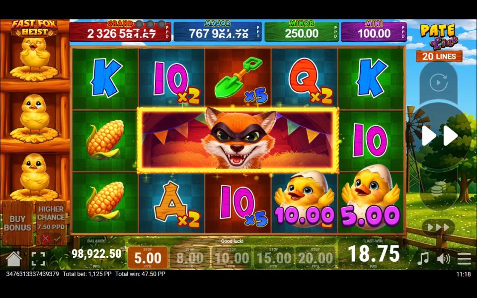 Fast Fox Heist bonus board with three masked foxes merged into one frame across the middle row of reels 2 to 4, x2 and x5 multipliers printed on the cells and two golden ducklings worth 10.00 and 5.00 on the bottom row