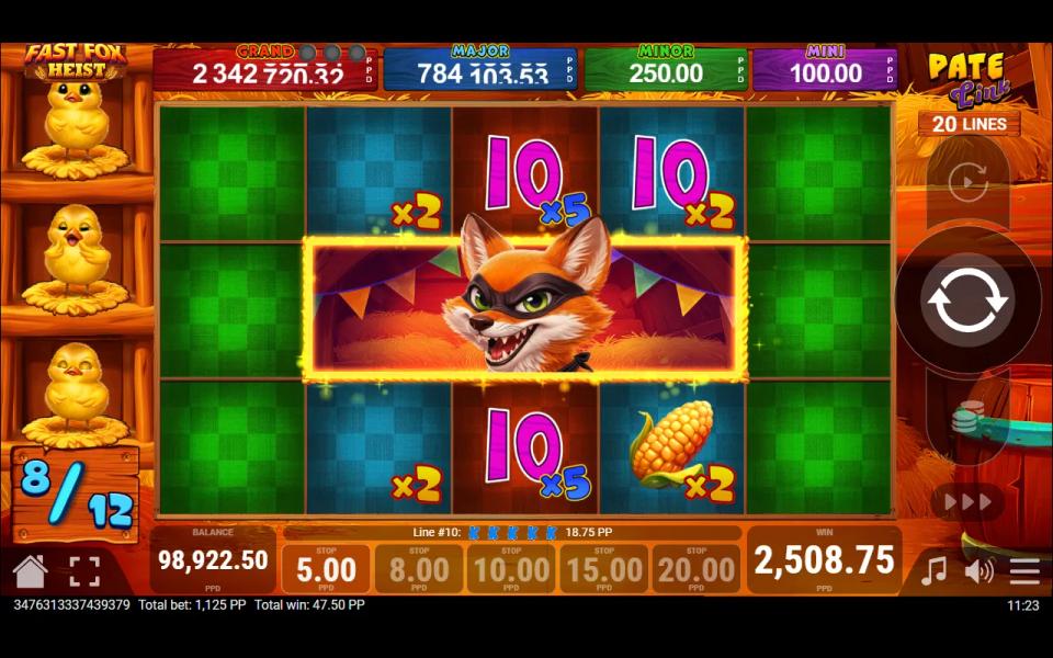 Free spin 8 of 12 in Fast Fox Heist, the sticky fox frame on reels 2 to 4 with x2, x5 and x2 multipliers held on the cells and empty spaces where ducklings were collected