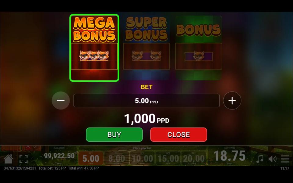 Fast Fox Heist buy menu with Mega Bonus showing three foxes, Super Bonus two and Bonus one, at a 5.00 bet
