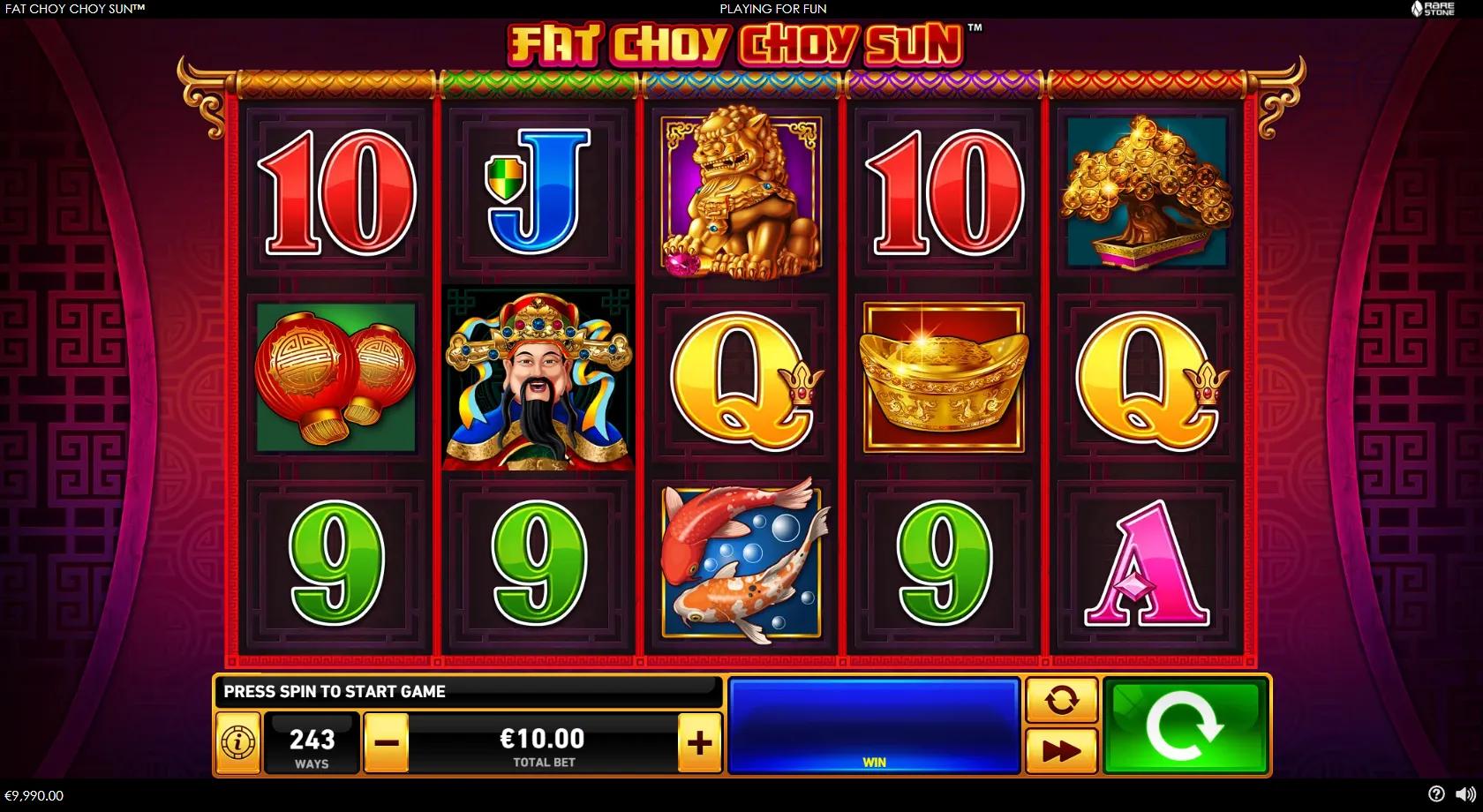 Fat Choy Choy Sun slot gameplay showing 243-ways grid with Choy Sun, gold ingot, koi and money tree symbols