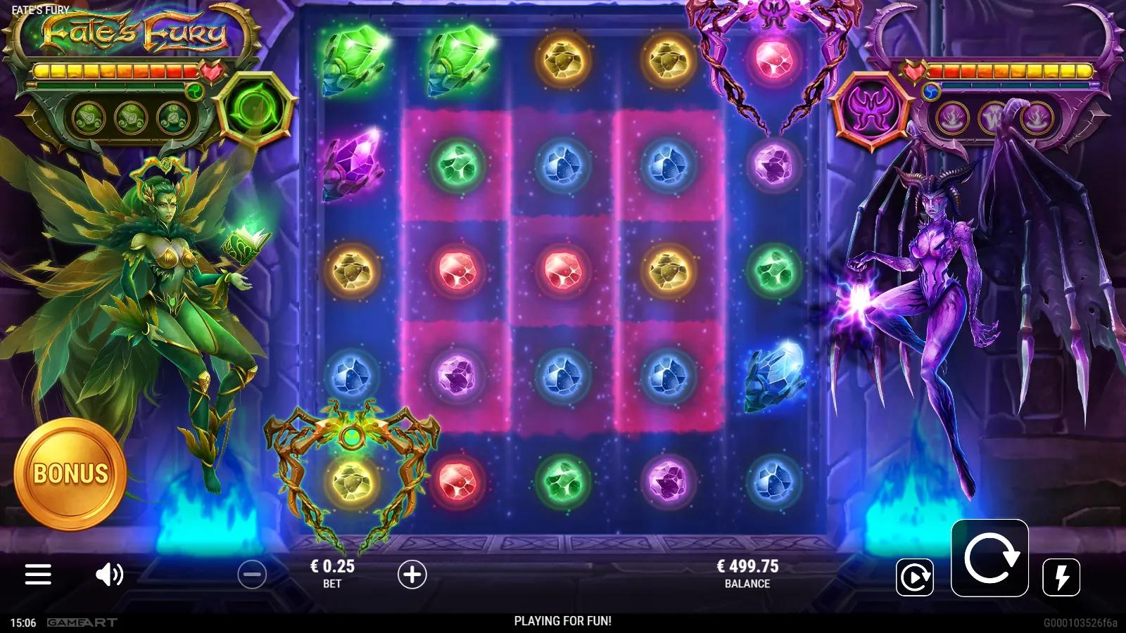 Fate's Fury slot gameplay showing 5x5 cluster grid with gem orbs between a green Nymph and purple Succubus