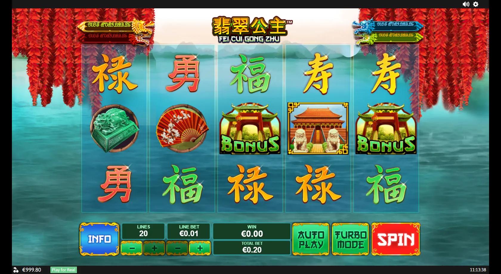 Fei Cui Gong Zhu gameplay showing 5x3 grid with green temple BONUS symbols and jade calligraphy symbols on 20 paylines