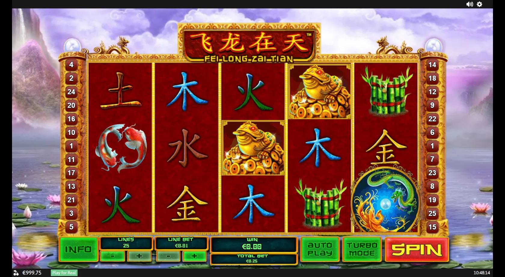 Fei Long Zai Tian 5x3 red reels with a stacked green dragon wild, phoenix, golden toad and koi over a lotus pond