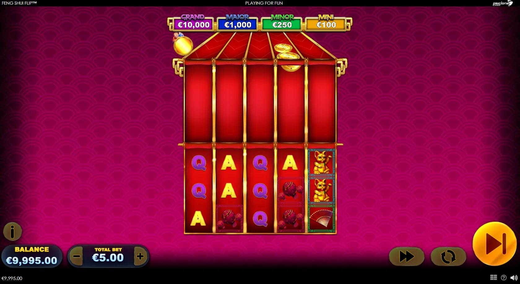 Feng Shui Flip gameplay showing the 5x3 main reels with a lucky cat, gold coins and ingots beneath a separate Coin Reels strip, set against a red-and-gold pavilion on a magenta background