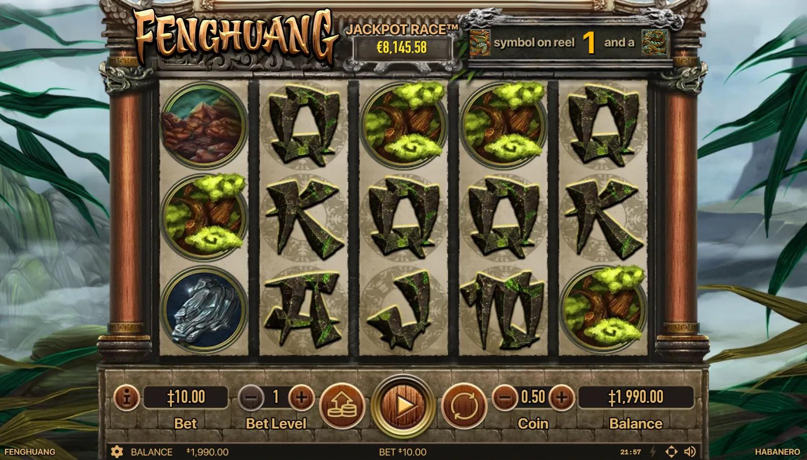Fenghuang slot gameplay showing 5x3 grid with stone-carved card royals, waterfall and mountain symbols framed by rust-red temple pillars and Jackpot Race meter