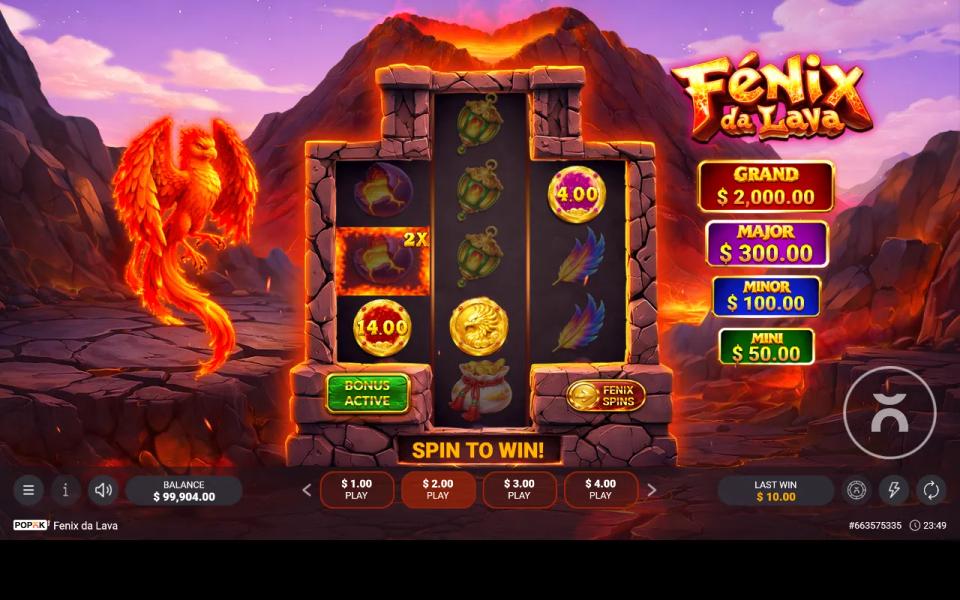Fenix da Lava's bonus round opening with a collect coin on the middle reel and 4.00 and 14.00 coins beside a 2X lava cell