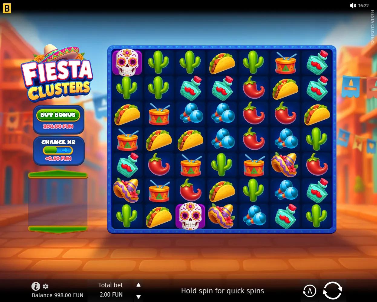 Fiesta Clusters slot gameplay showing the 7x7 cluster pays grid with Mexican fiesta symbols and a sugar skull