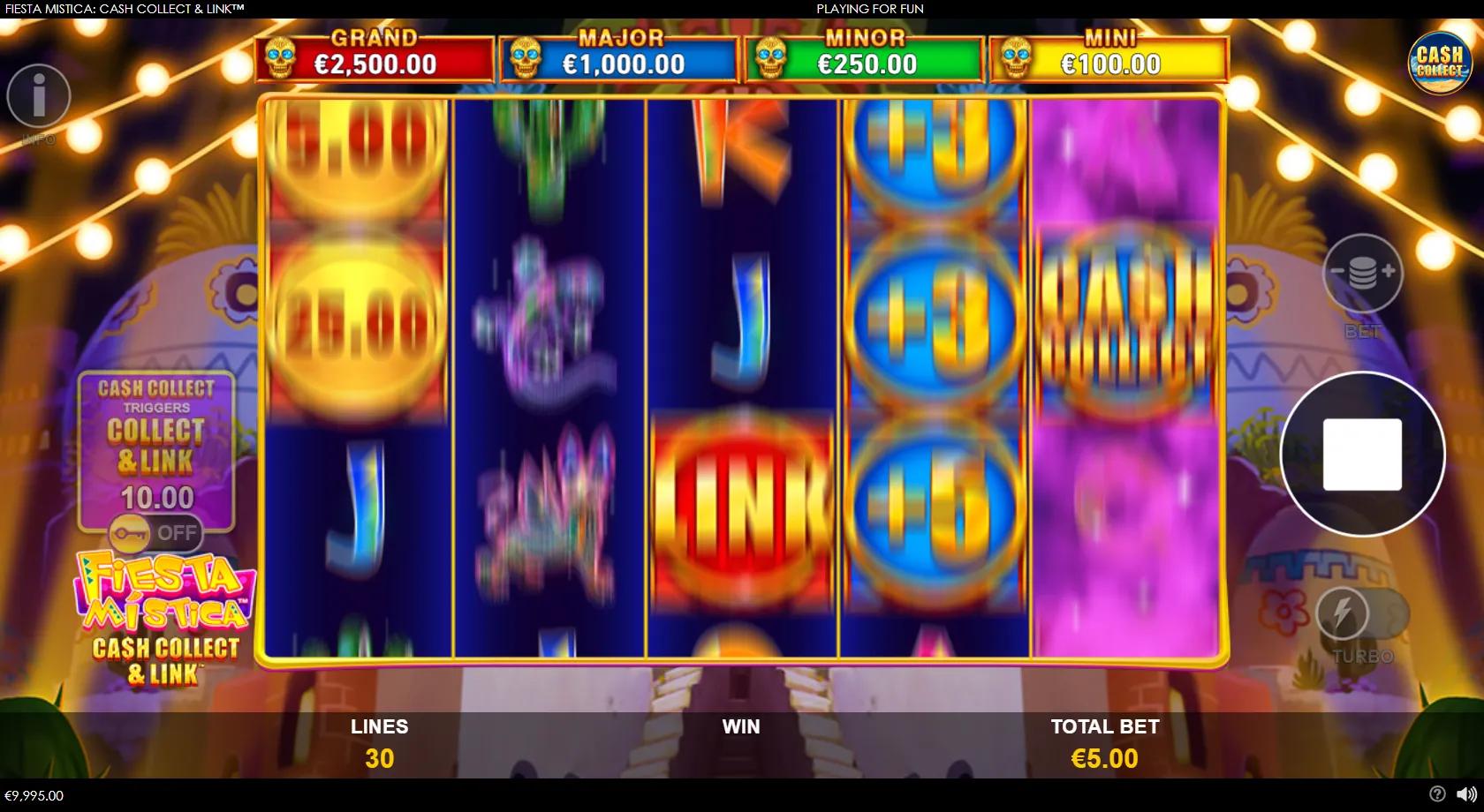 Fiesta Mistica Cash Collect and Link slot gameplay showing 5x3 Day of the Dead grid with Catrina, cash coins, LINK coins and four jackpots