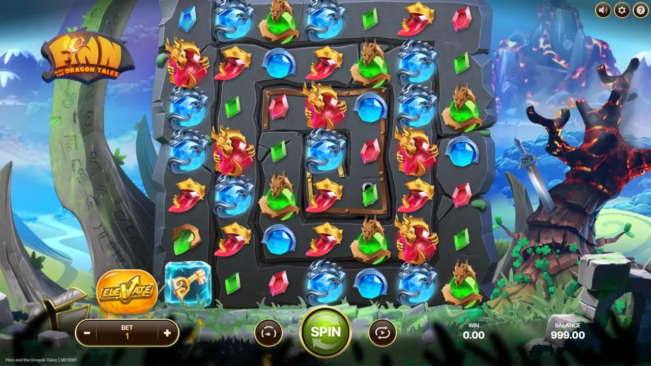 Finn and the Dragon Tales gameplay showing the 7x7 spiral grid with the Free Spins Key in the corner