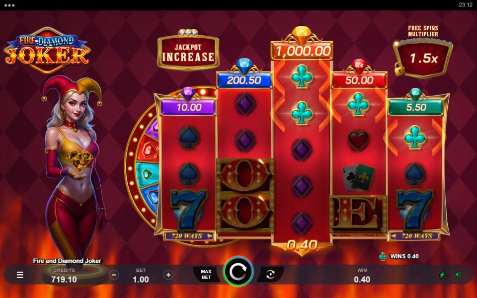 Fire and Diamond Joker base game with a three-of-a-kind Club win lit from right to left, five jackpot plaques above the reels and the free spins multiplier at 1.5x
