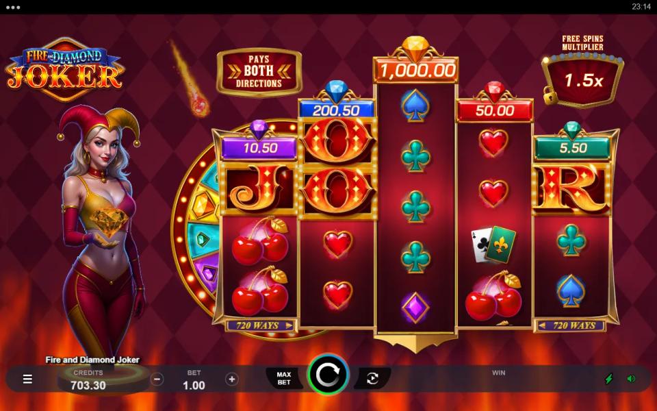 JOKER letter scatters on reels 1, 2 and 5 of Fire and Diamond Joker with no win