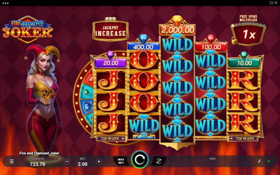 Fire and Diamond Joker at load with stacked wilds, JOKER letters, 720 ways banners and the free spins multiplier at 1x