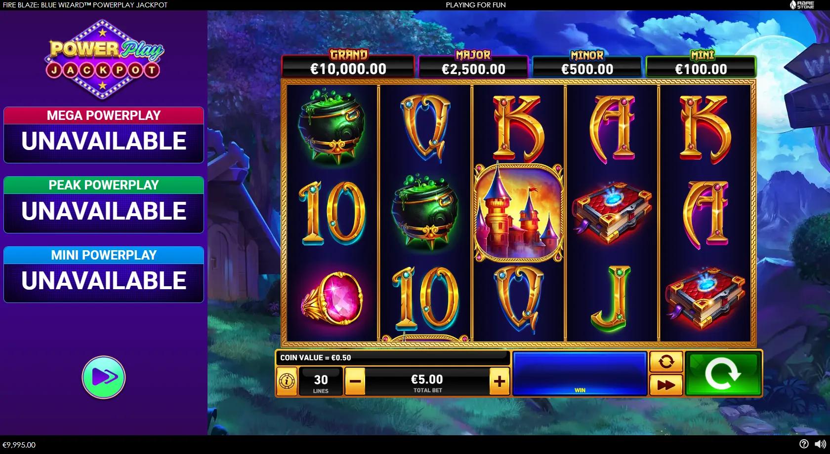 Fire Blaze: Blue Wizard PowerPlay Jackpot gameplay showing 5x3 grid with a full-reel Blue Wizard Wild