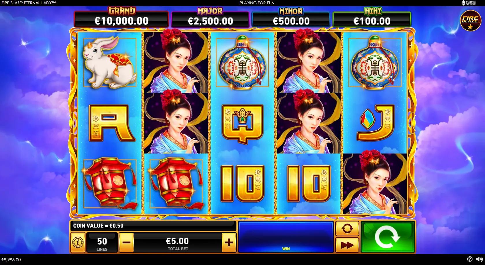 Fire Blaze: Eternal Lady 5x3 reels with the lady, lotus, lantern and a blue moon cash symbol under four jackpot meters