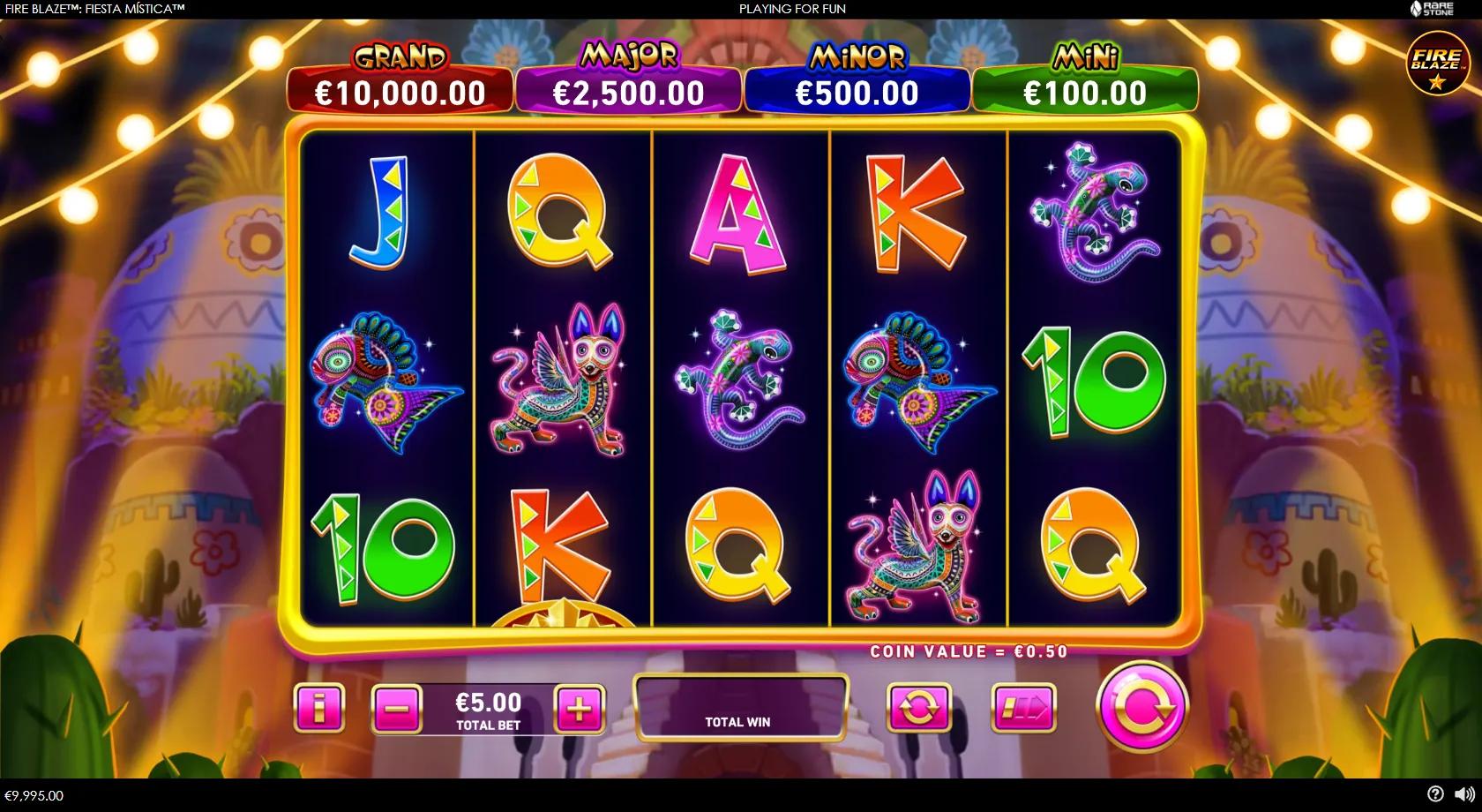 Fire Blaze Fiesta Mistica gameplay showing 5x3 neon Alebrije reels with a Catrina wild and four jackpots