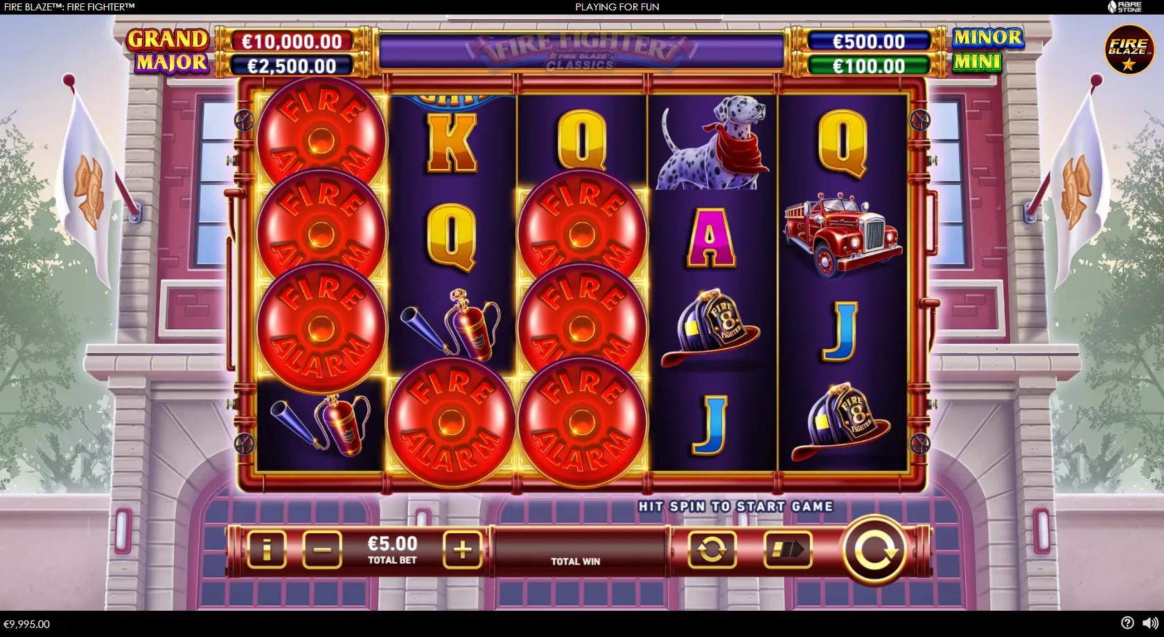 Fire Blaze: Fire Fighter gameplay showing 5x3 firehouse reels with firefighter, Dalmatian, fire engine and Fire Bell symbols