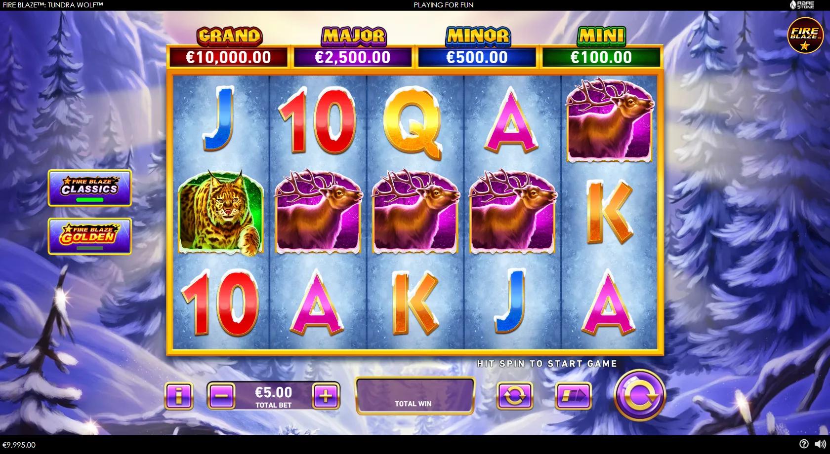 Fire Blaze Golden Tundra Wolf 5x3 snowy-forest reels with a stacked wolf, musk ox and falcon symbols under four jackpot meters