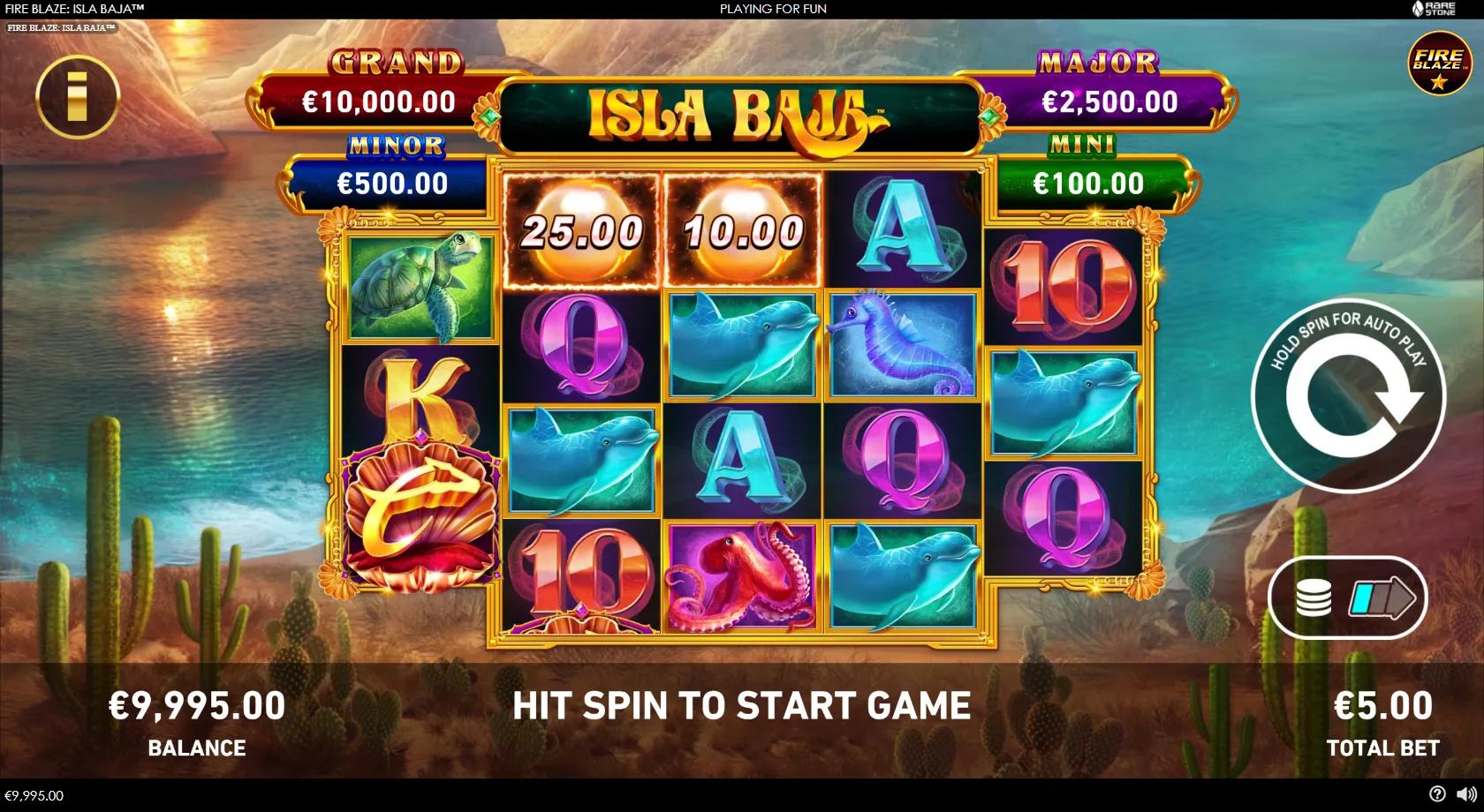 Fire Blaze Isla Baja gameplay showing a 3-4-4-4-3 undersea grid with dolphins, a mermaid wild and four jackpots