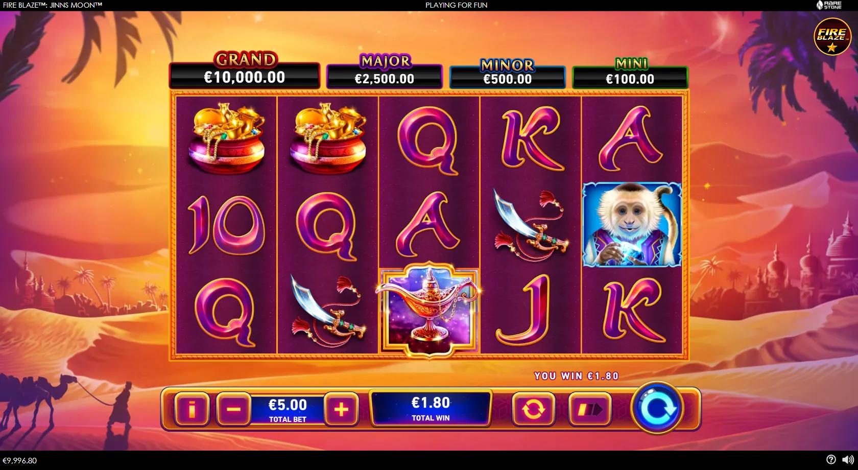 Fire Blaze Jinns Moon 5x3 Arabian desert reels with the genie jinn, monkey and flying carpet symbols under four jackpot meters