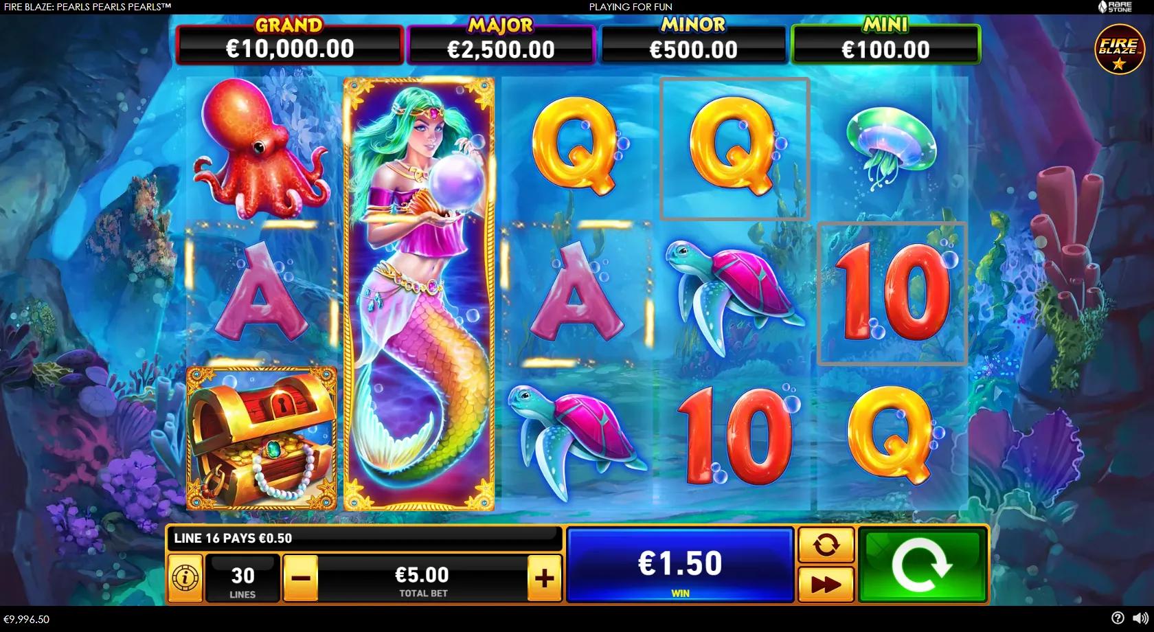 Pearls Pearls Pearls gameplay showing a 5x3 underwater reel set with a mermaid wild, turtles, a treasure chest scatter and Fire Blaze jackpots