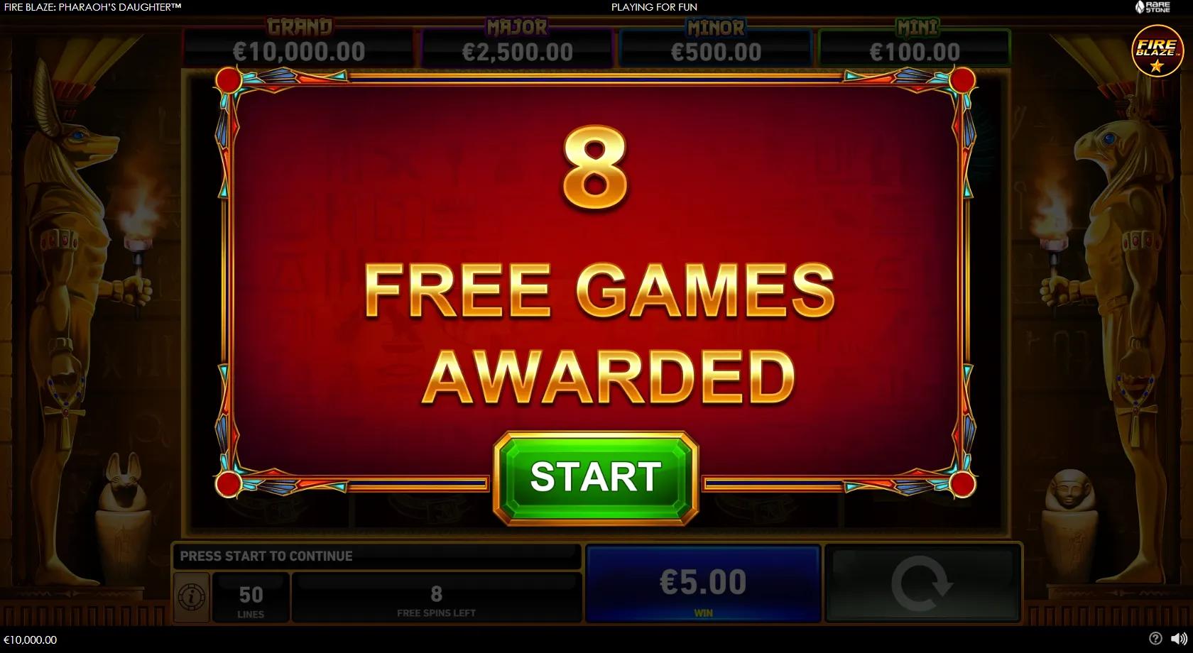 Fire Blaze Pharaoh's Daughter Egyptian reels with the queen, Bastet, Eye of Horus and gold Fire Blaze orbs under four jackpots